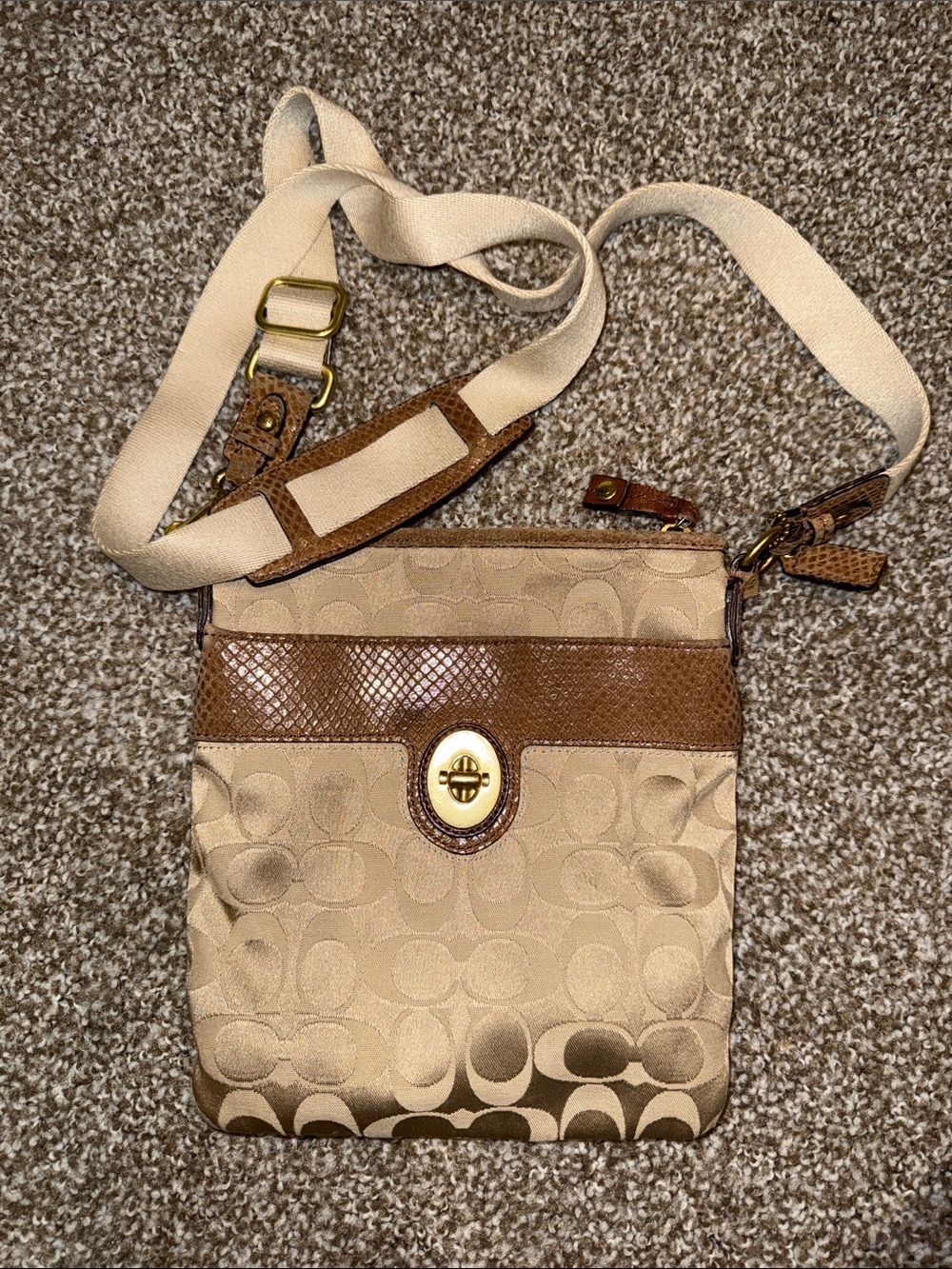 Coach Tan & Brown Signature Crossbody with Leather Trim